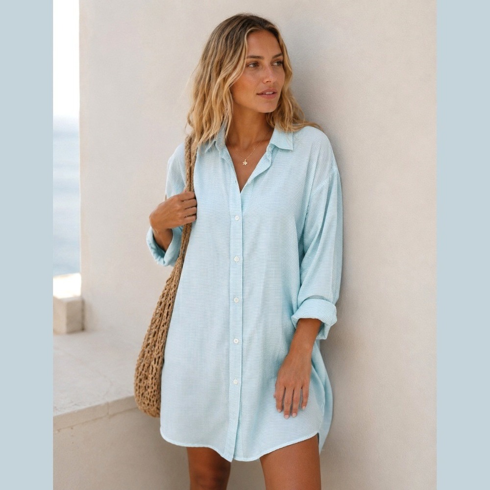 Onia Medium Shirt Dress Button Down Blue White Stripe Coastal Beach Quiet Luxury